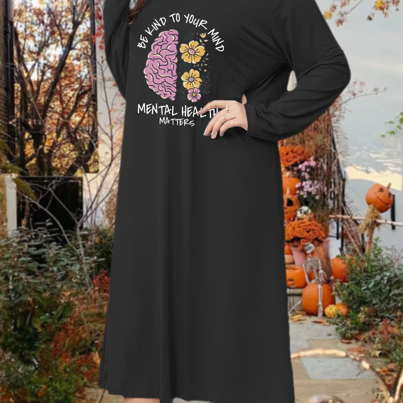  Brain & Floral Print Long Sleeve Tee Sleep Dress