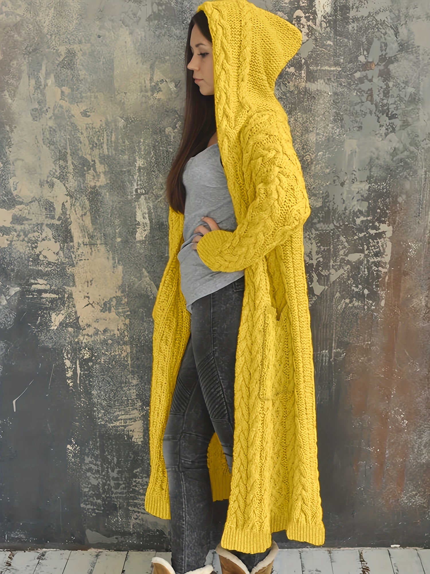  Women's Solid Hooded Cardigan Coat Knitted Sweater Coat
