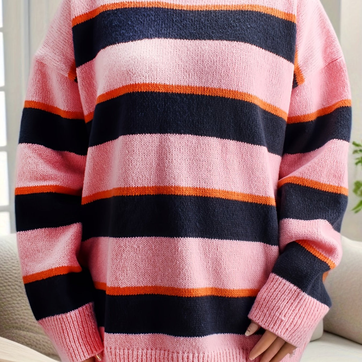  Colorblock Stripe Long Sleeve Sweater