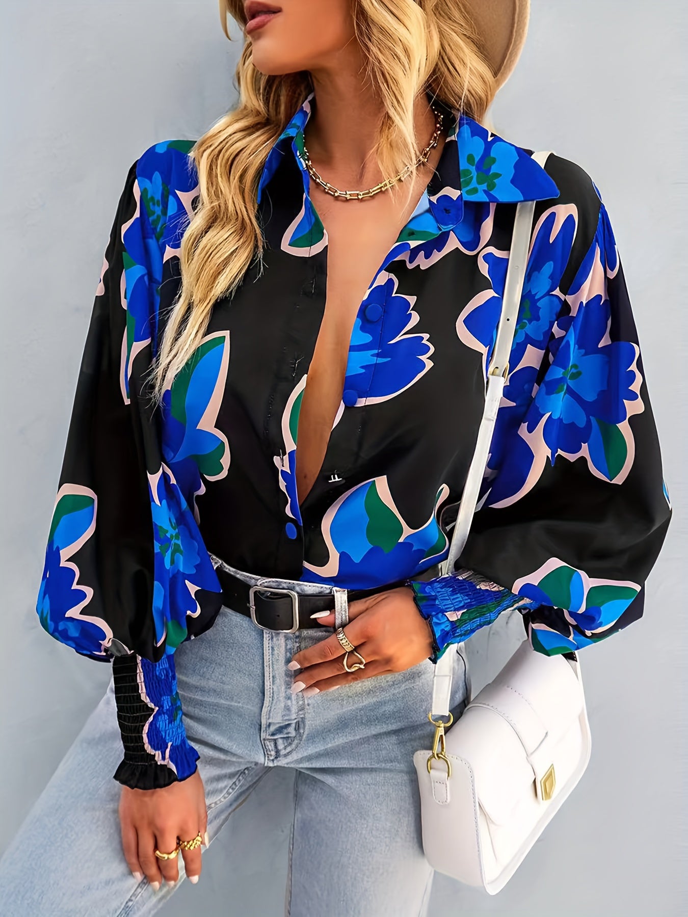  Floral Print Button Up Lantern Sleeve Blouse