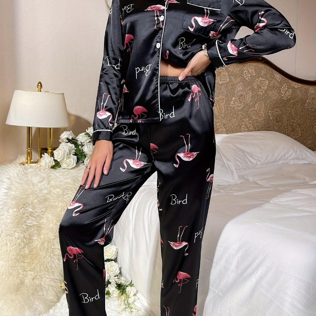 Crane Print Pajama Set Long Sleeve Top & Pants