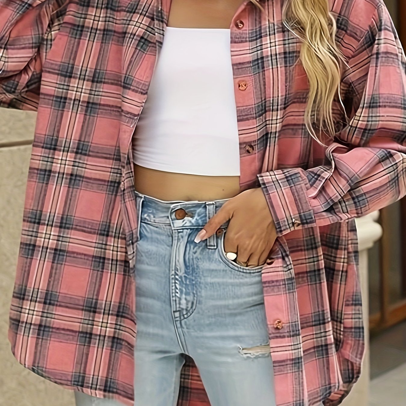  Plaid Print Long Sleeve Button Up Loose Fit Shirt