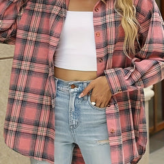  Plaid Print Long Sleeve Button Up Loose Fit Shirt
