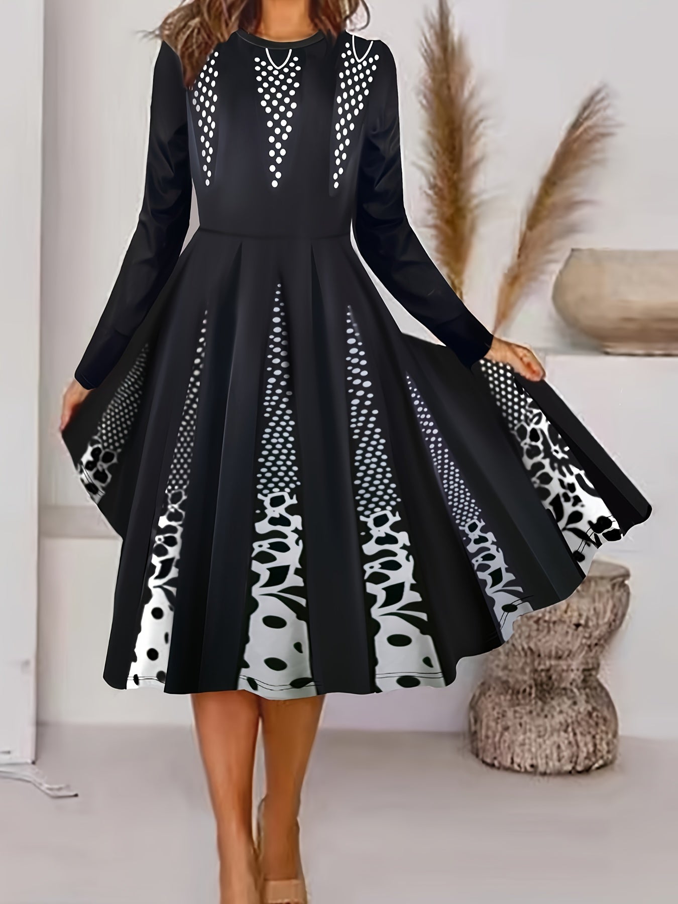  Floral Print Long Sleeve Round Neck Midi Dress