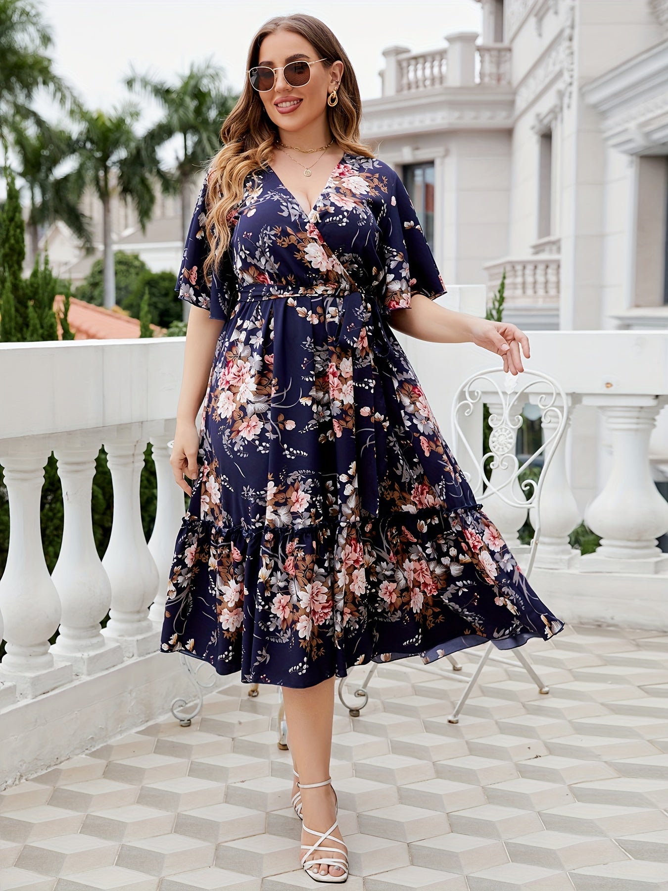 Women's Plus Floral Print Flutter Sleeve Midi Smock Dress