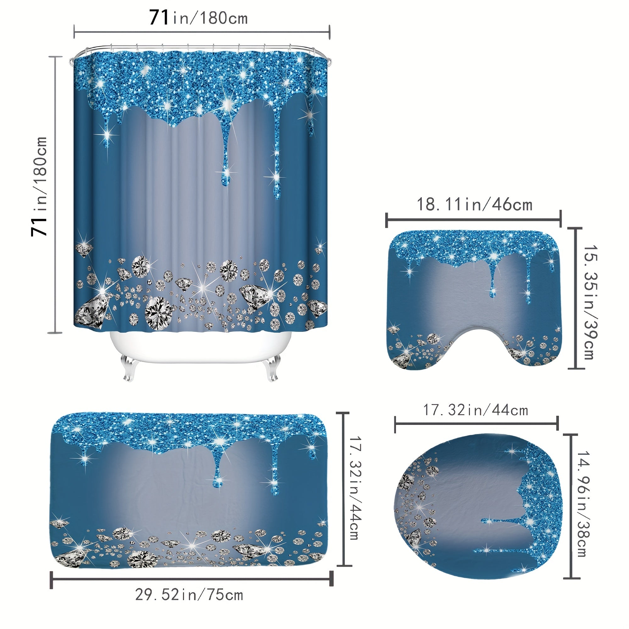 4Pcs Diamond Pattern Shower Curtain Set with Non-Slip Rugs