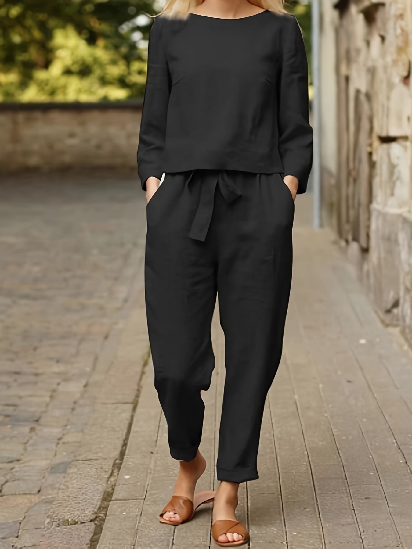 Casual Two Piece Set Solid Long Sleeve Tops & Loose High Waisted Pants