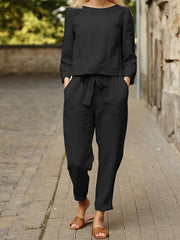 Casual Two Piece Set Solid Long Sleeve Tops & Loose High Waisted Pants