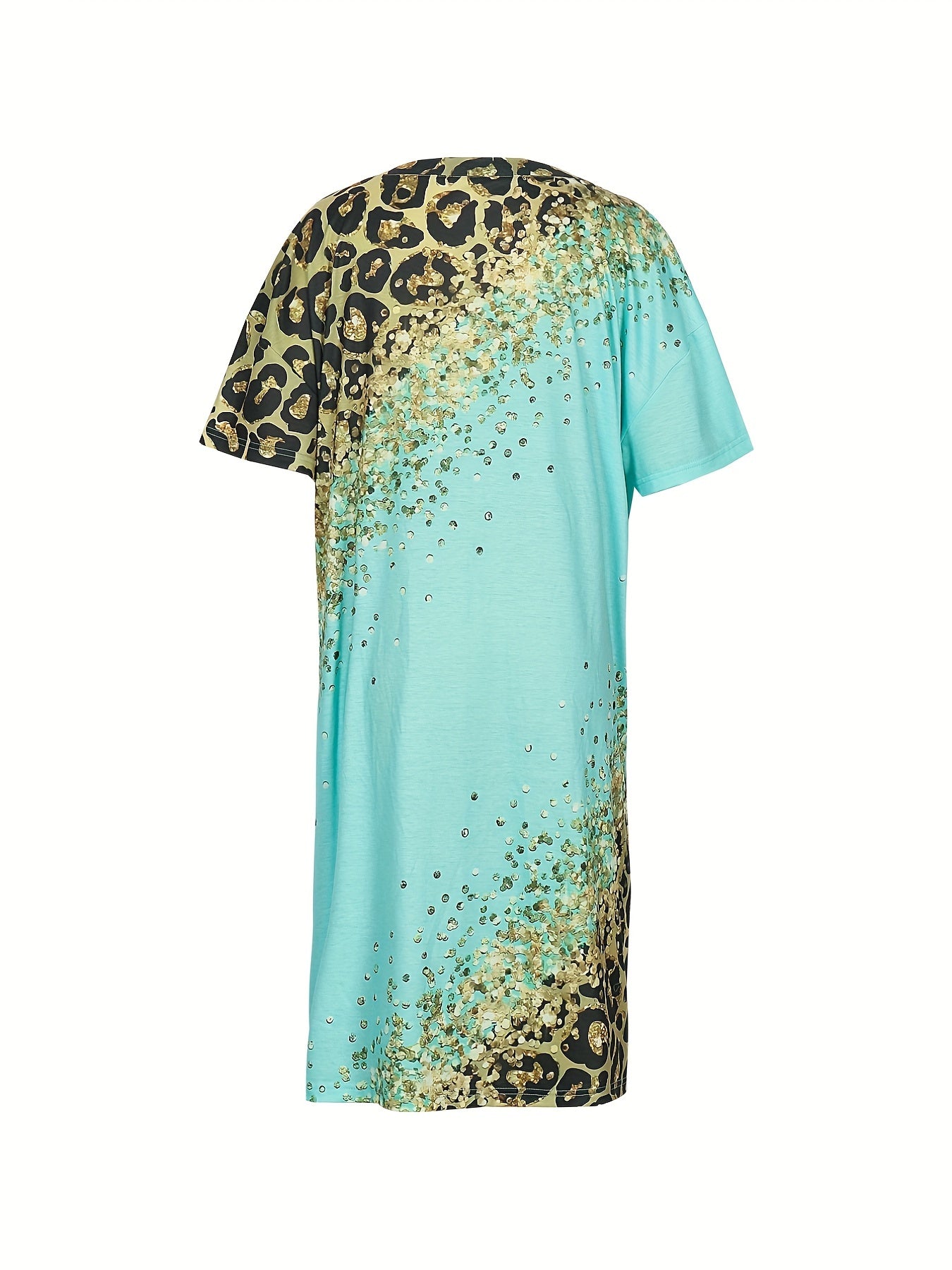  Casual Colorblock Leopard Print Short Sleeve V Neck Dress