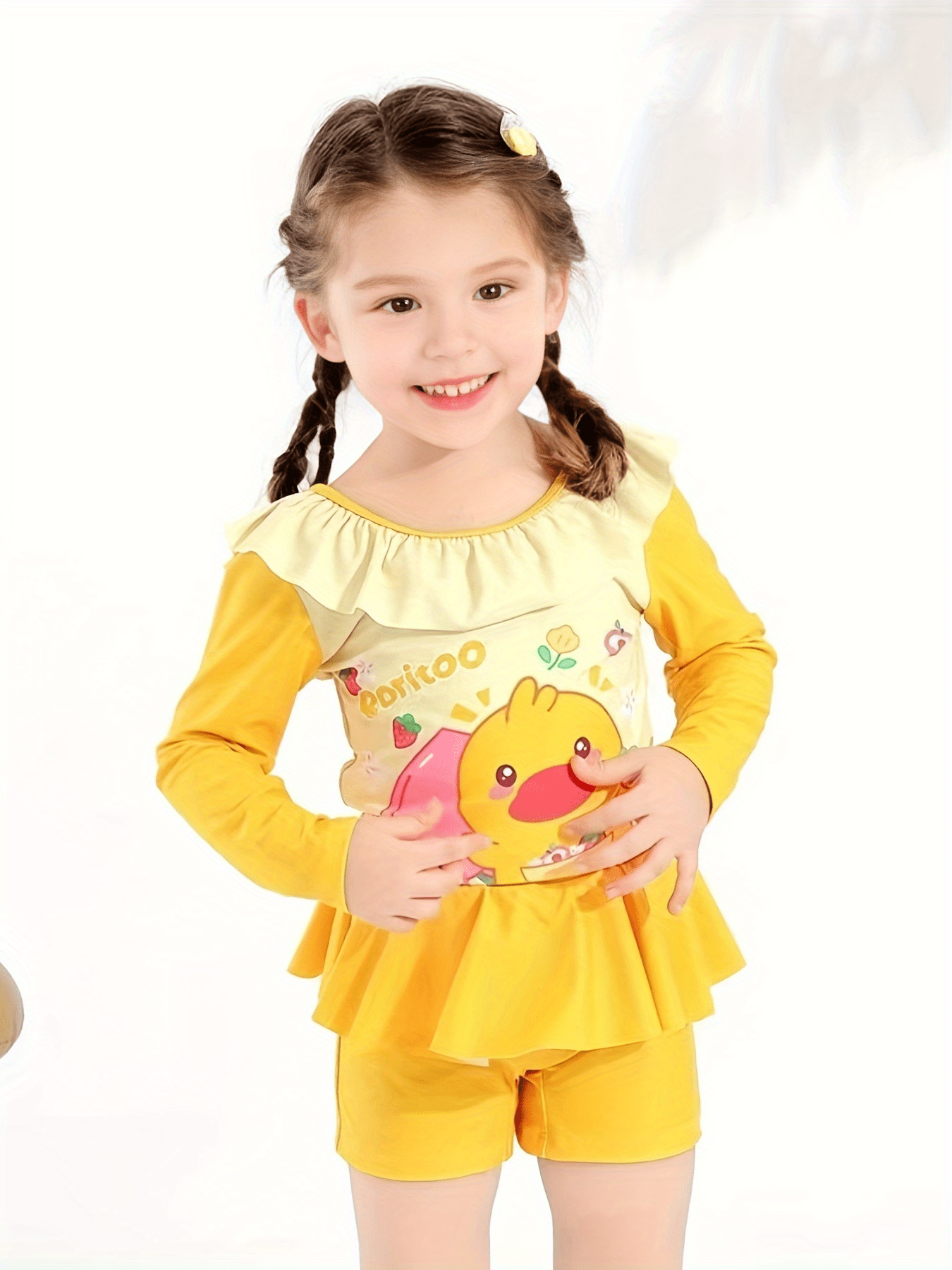 Girls' Duck Graphic Swimsuit Long Sleeve Crew Neck Beachwear For Kids