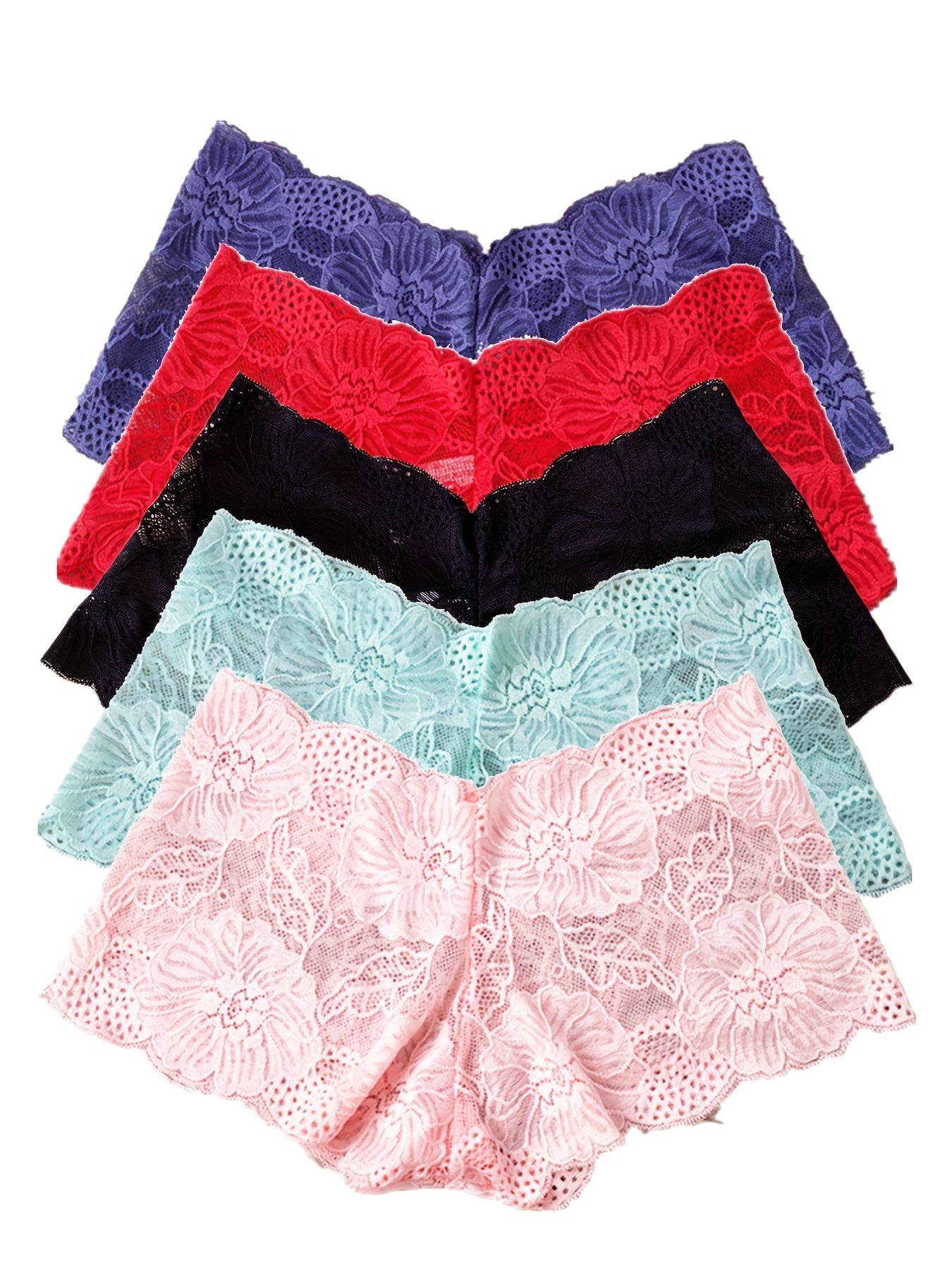 5pcs Floral Lace Boyshort Panties Soft & Breathable Women's Lingerie