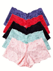 5pcs Floral Lace Boyshort Panties Soft & Breathable Women's Lingerie