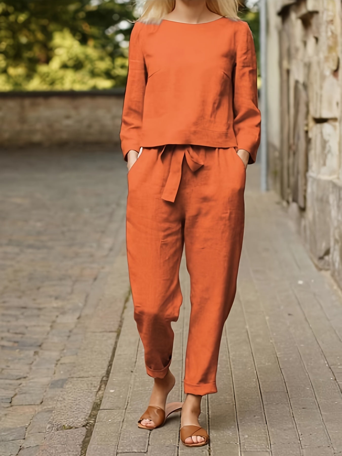 Casual Two Piece Set Solid Long Sleeve Tops & Loose High Waisted Pants