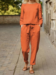Casual Two Piece Set Solid Long Sleeve Tops & Loose High Waisted Pants