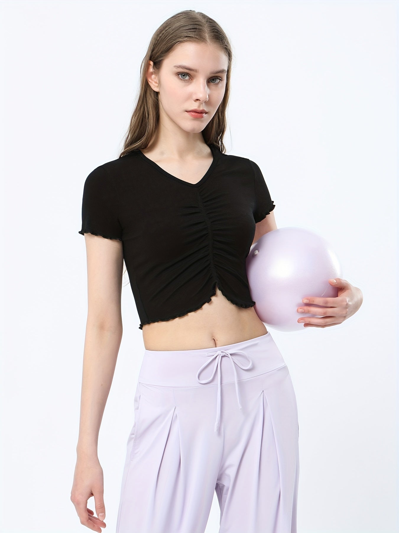 Elastic Soft Yoga Pleated Shirt V Neck Crop Top