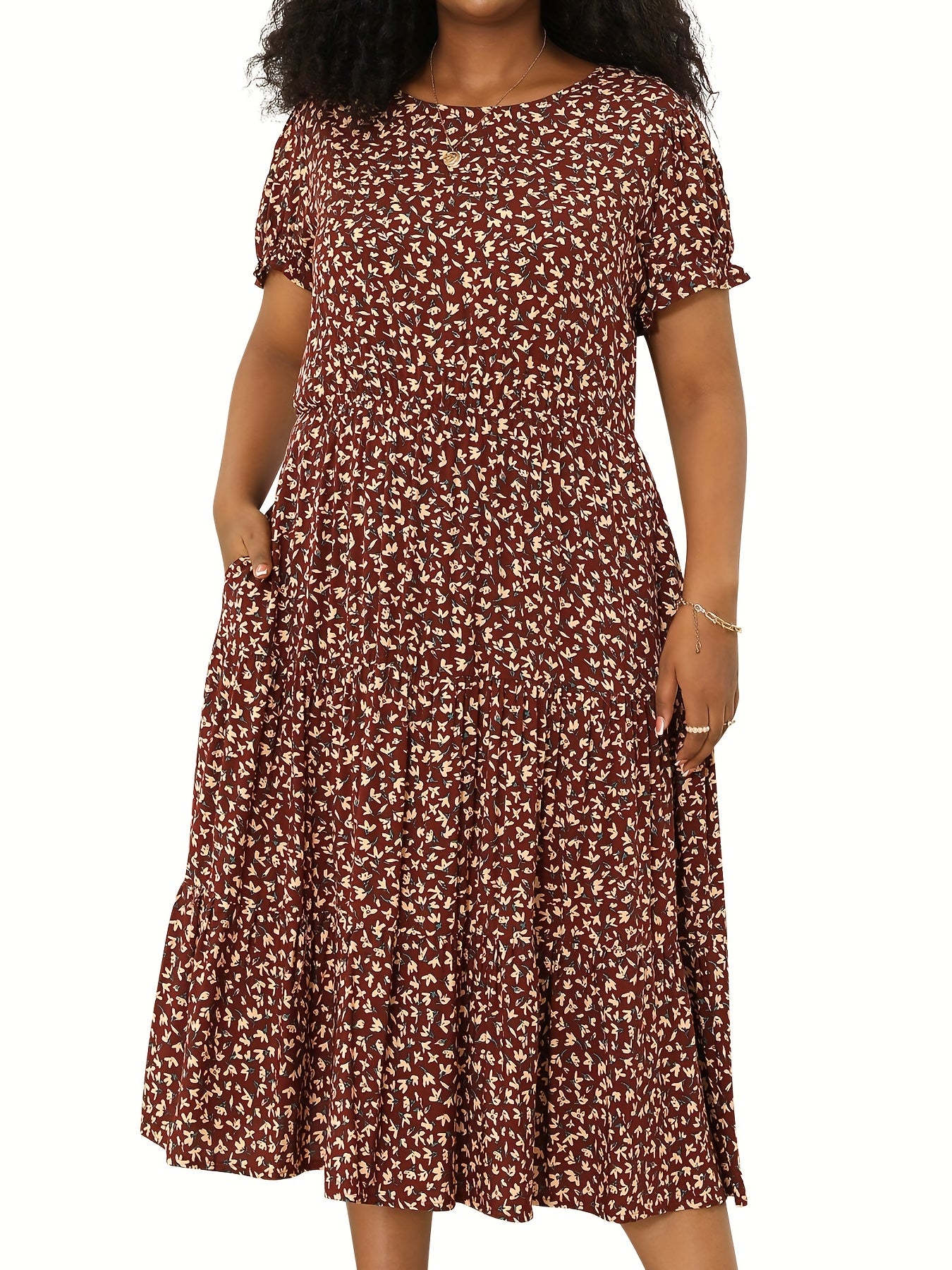 Women's Floral Print Round Neck Midi Smock Dress
