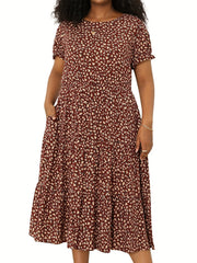  Women's Floral Print Round Neck Midi Smock Dress