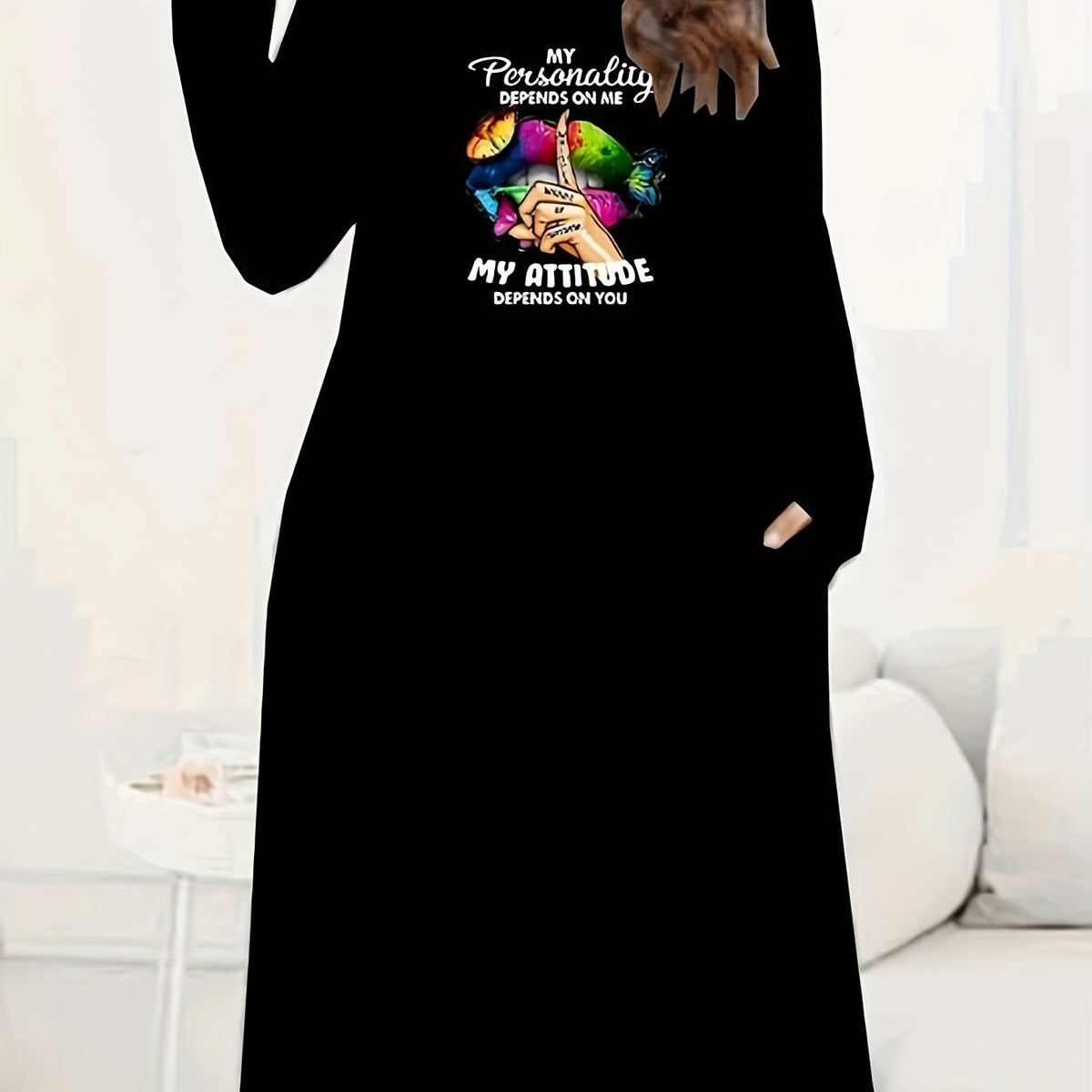  Abstract Lip & Slogan Print Long Sleeve Tee Dress