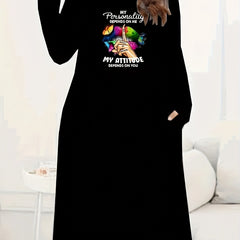  Abstract Lip & Slogan Print Long Sleeve Tee Dress