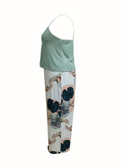  V Neck Cami Top & Tropical Print Pants Set