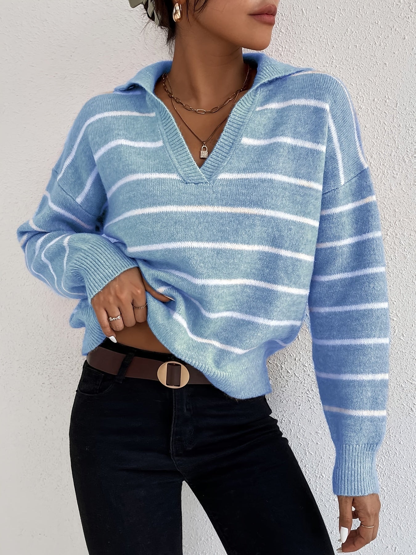  Striped Knitted Long Sleeve Polo Neck Pullover Jumper