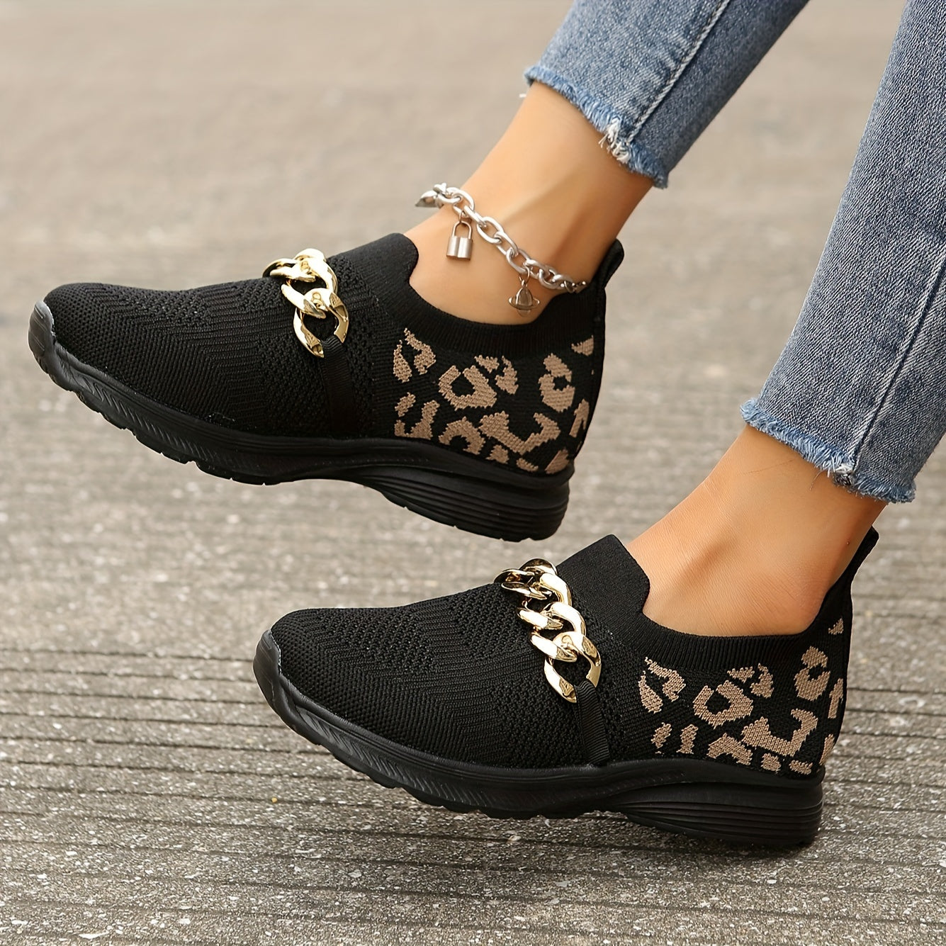Women's Mesh Leopard Pattern Running Shoes Lightweight Soft Non slip Sneakers