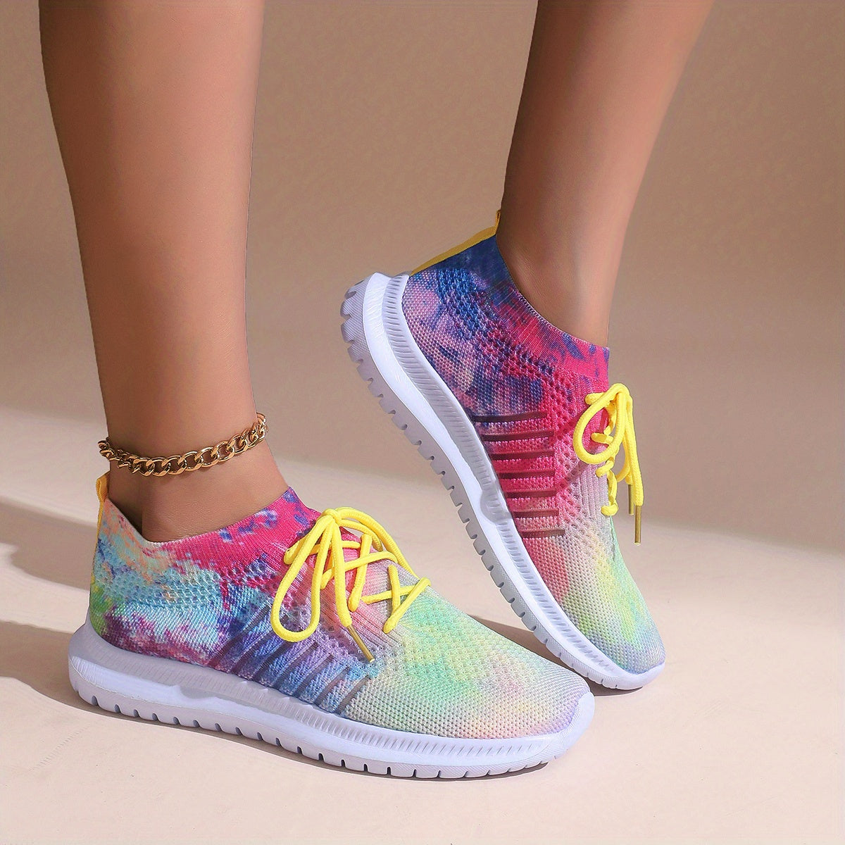 Tie Dye Mesh Breathable Woven Shoes Soft Thick Bottom Sneakers