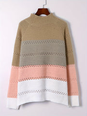  Colorblock Long Sleeve Mock Neck Knitted Sweater