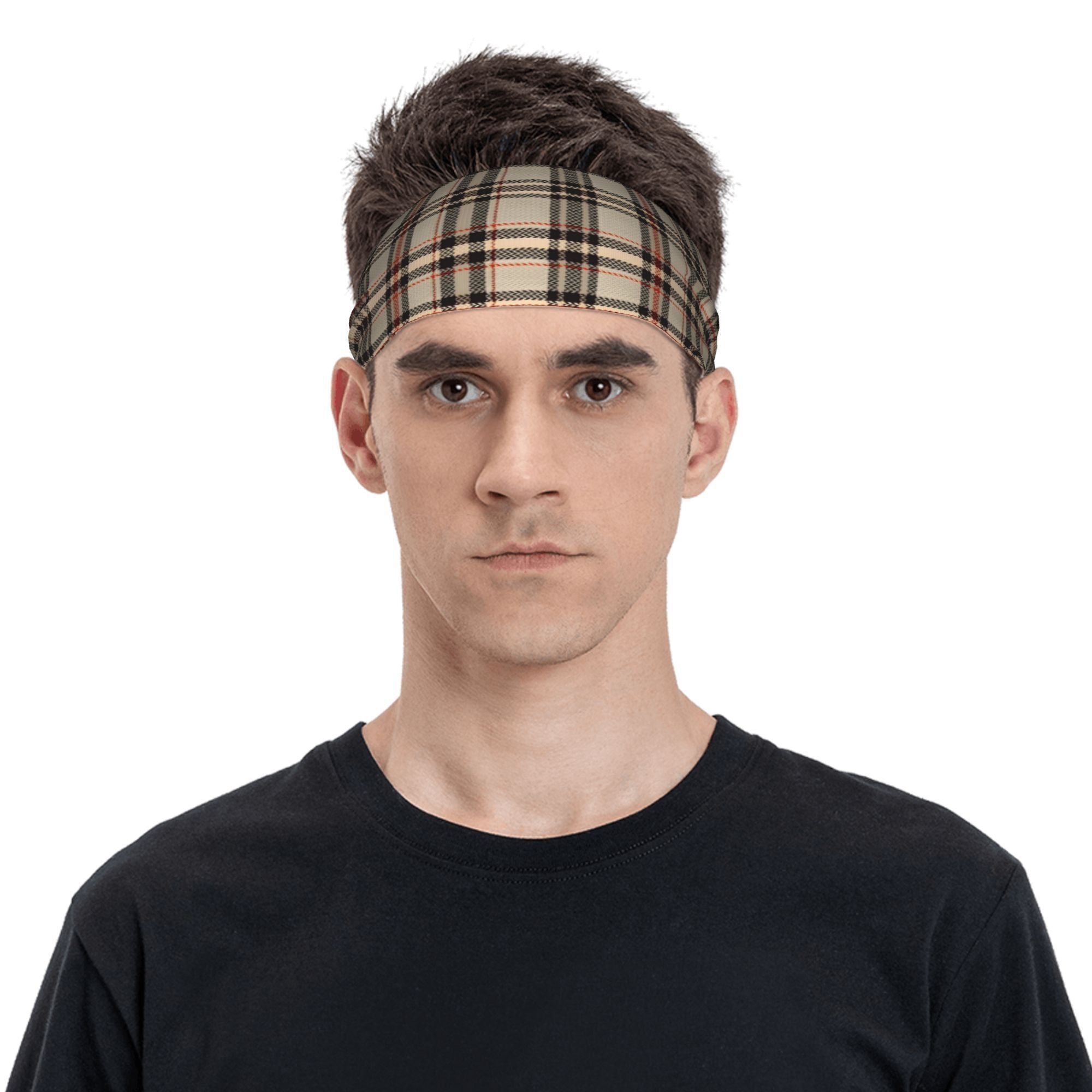 Vintage Plaid Headband Beige Red Checkered Pattern Elastic Sports Headwear
