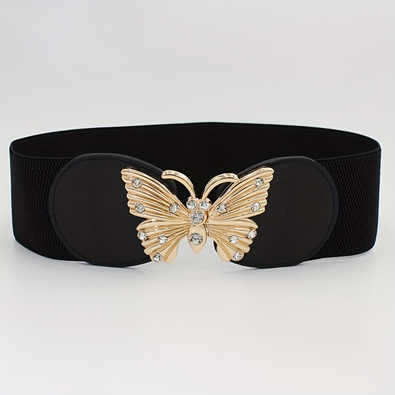 Rhinestone Metal Butterfly Waist Belt Vintage Elastic Wide Dress Belt