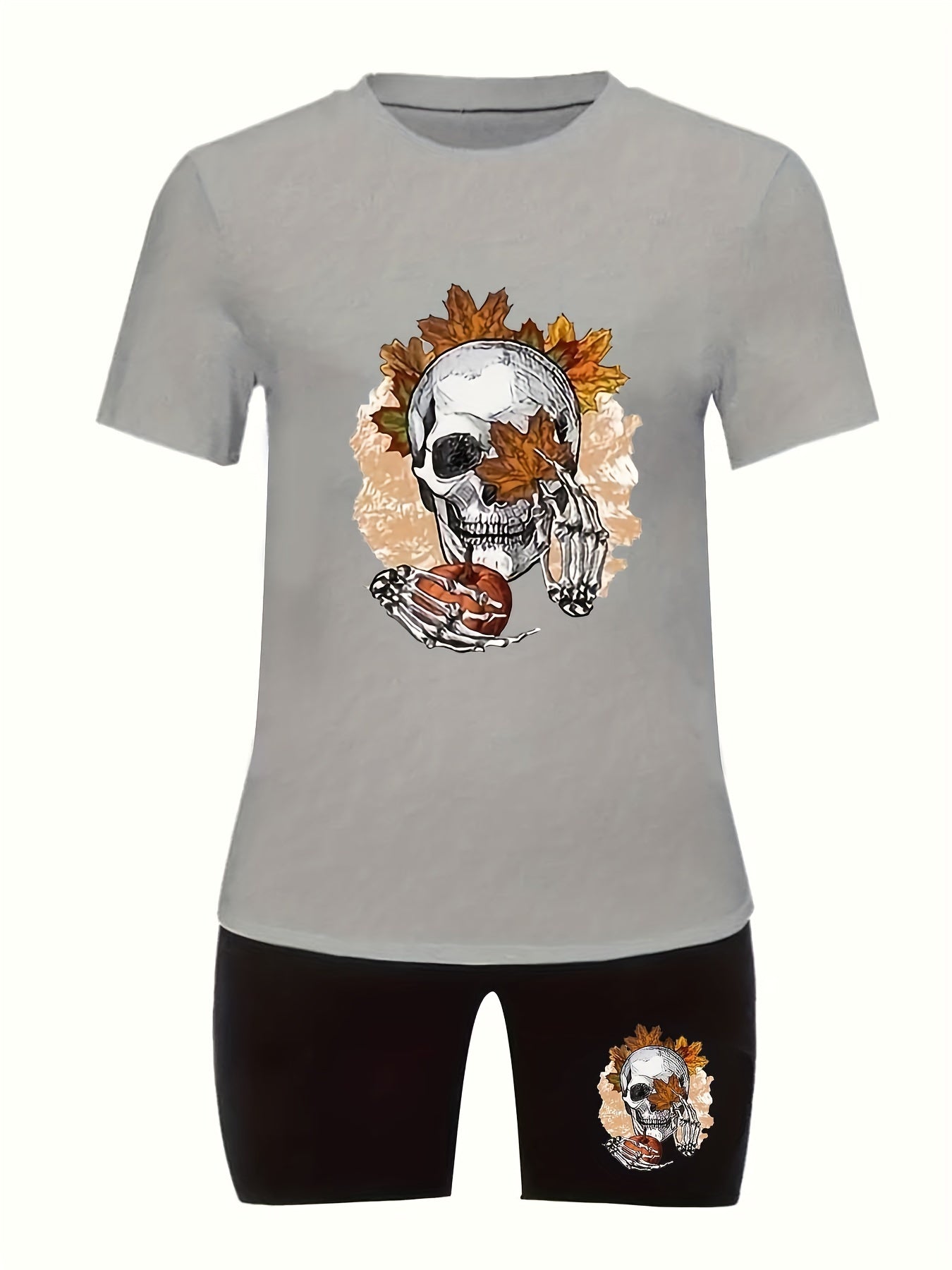  Halloween Skull & Maple Leaf & Pumpkin Print Top & Biker Shorts Set