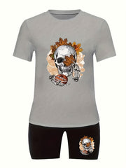  Halloween Skull & Maple Leaf & Pumpkin Print Top & Biker Shorts Set