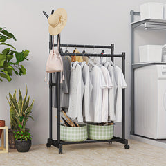 Double Pole Coat Rack With Pulley 2 Layer Clothes Rack Standing Coat Rack