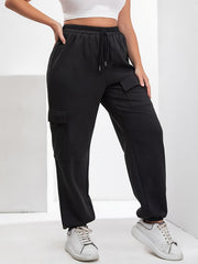  Solid Drawstring Elastic High Rise Cargo Joggers