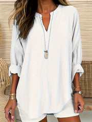  Solid Long Sleeve Notched Neck Tunic Top
