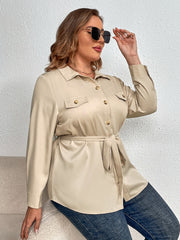  Apricot Long Sleeve Shirt Button Up Belted Blouse