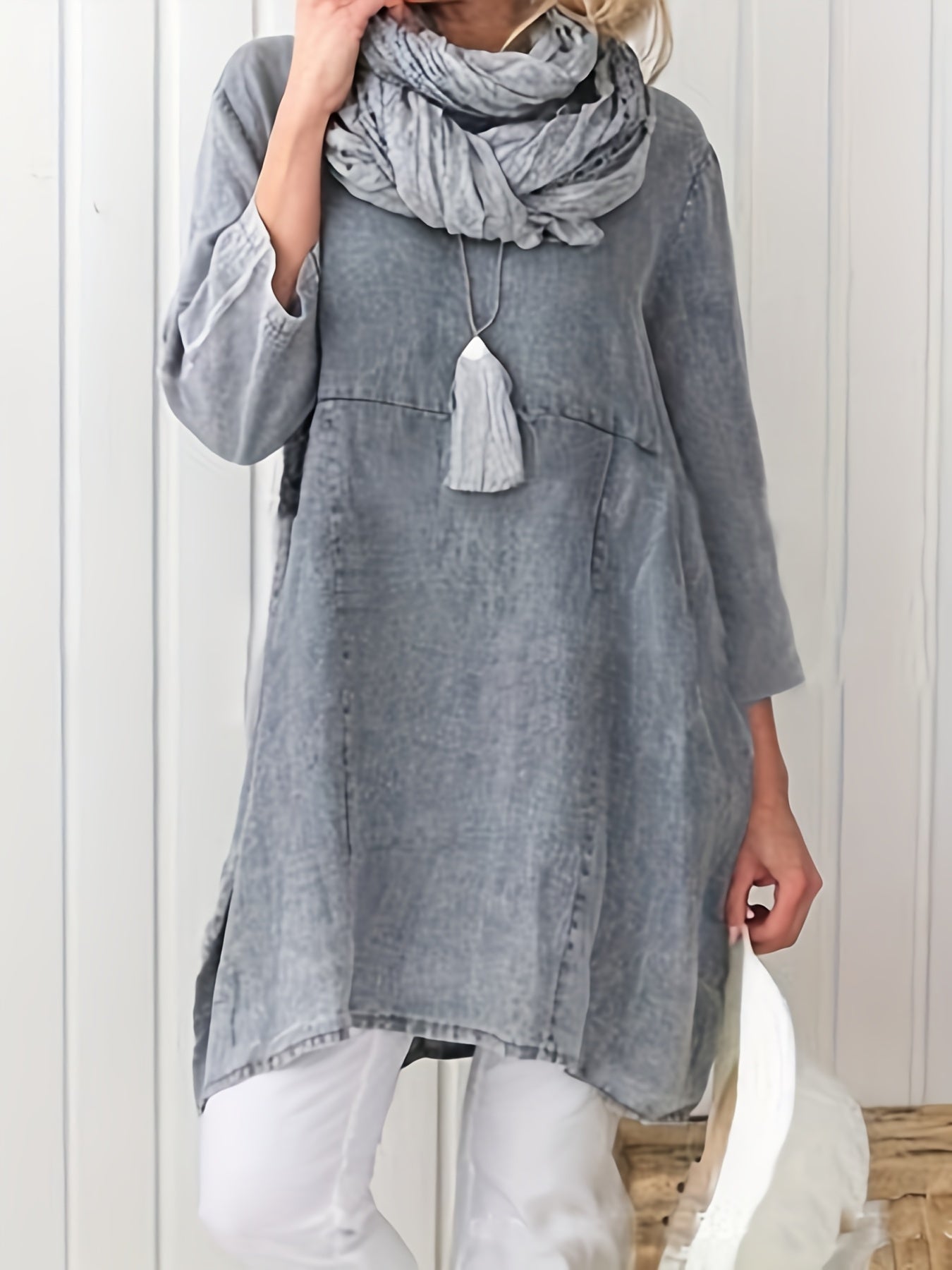  Solid Long Sleeve Round Neck Tunic Top