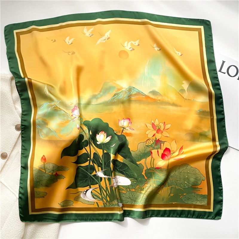 Chinese Style Print Silk Scarf - Lotus Pattern Square Scarf for Women