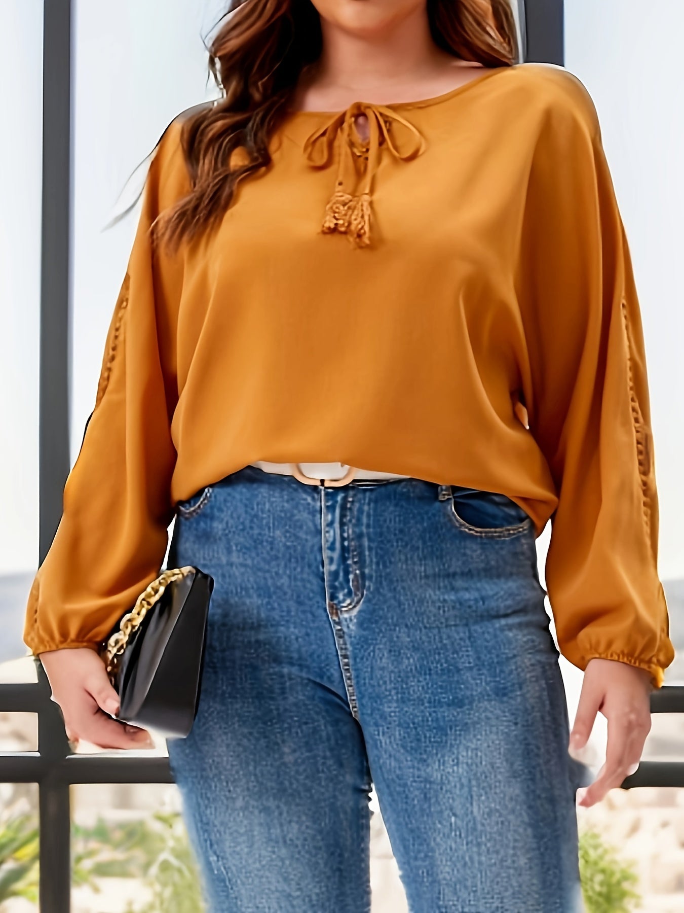  Casual Blouse Women's Plus Solid Contrast Lace Round Neck Lantern Slee