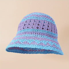 Striped Crochet Bucket Hat Hollow Straw Sun Hat Lightweight Casual Cloche Hat