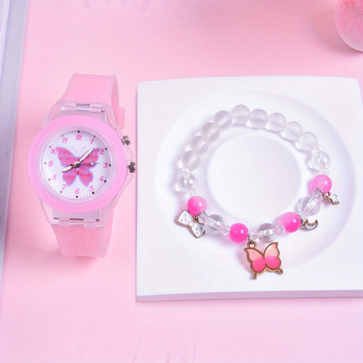 Girls' Silicone Strap Pointer Watch Set Butterfly Quartz Wristwatch