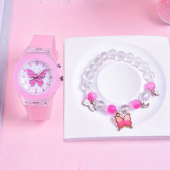 Girls' Silicone Strap Pointer Watch Set Butterfly Quartz Wristwatch
