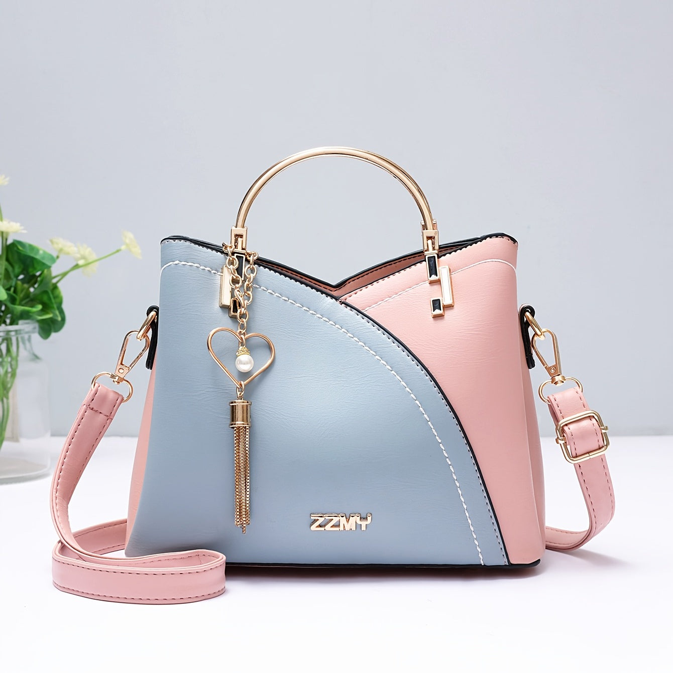 Two Tone Handbag Tassel Crossbody Bag Top Ring PU Leather Purse
