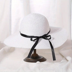 Straw Sun Hat Ribbon Bowknot Solid Sunscreen Beach Hats Floppy Foldable Cap