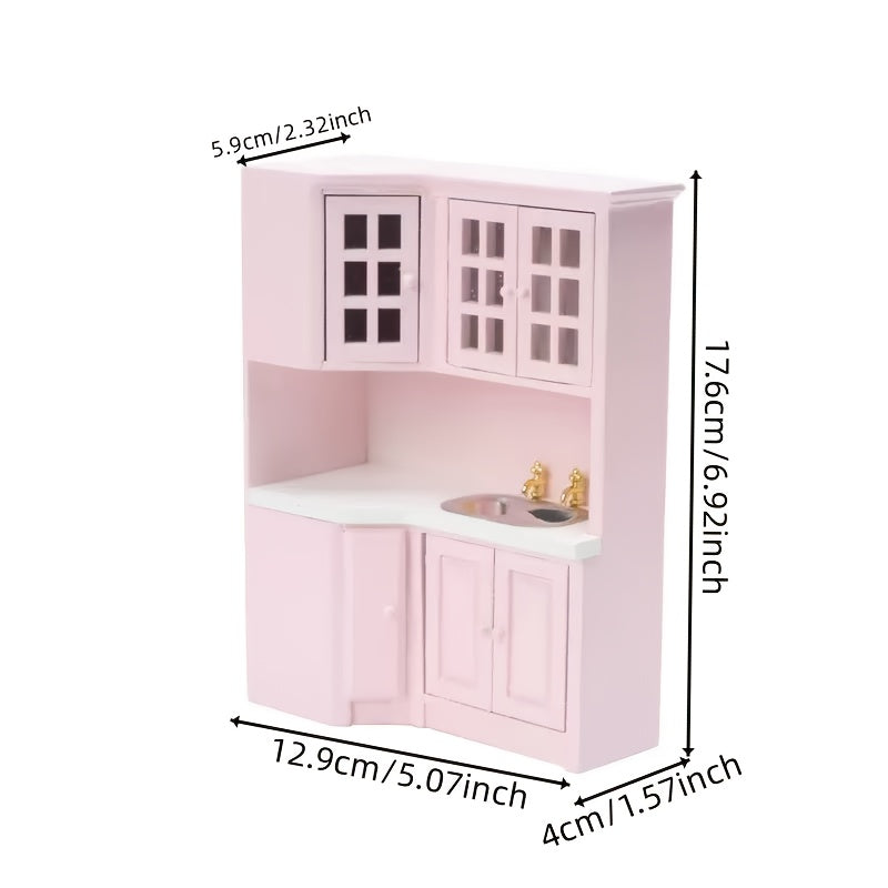 1:12 Scale Pink Dollhouse Kitchen Set with Cabinets, Sink, and Countertop Combo