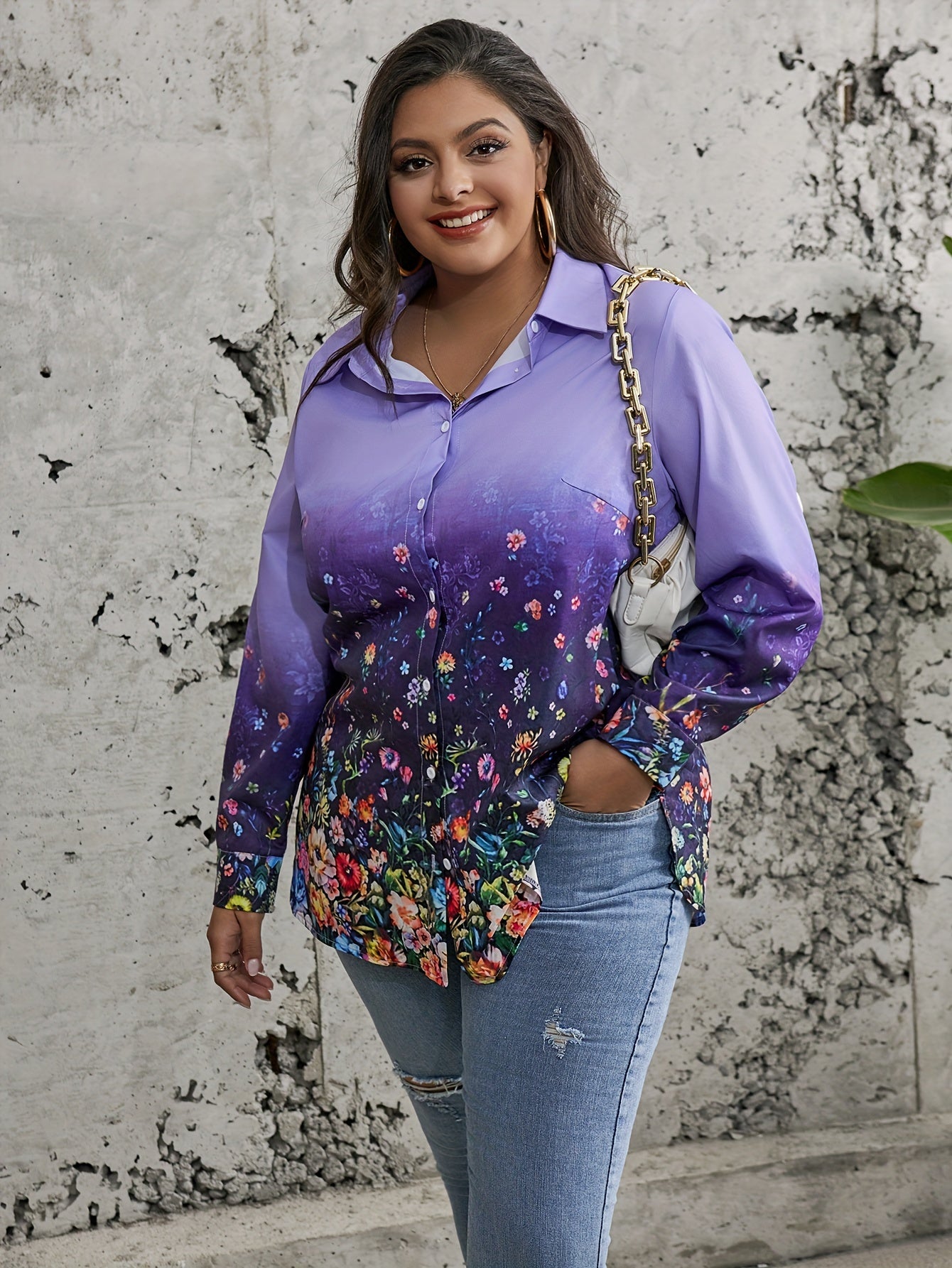  Boho Blouse Floral Print Long Sleeve Button Up Shirt