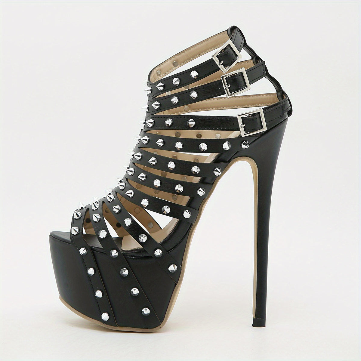 Rivets Stiletto Heels Cutout Buckle Strap Platform Pumps