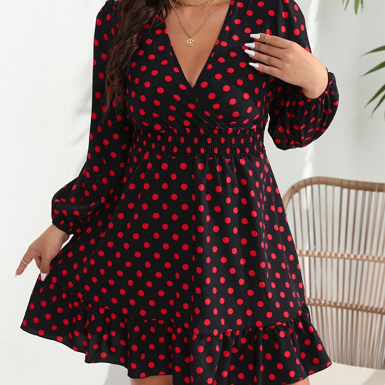  Dot Print Lantern Sleeve Smock Dress