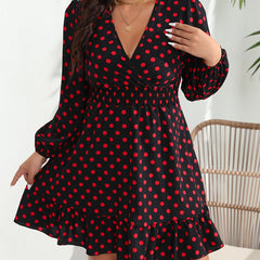  Dot Print Lantern Sleeve Smock Dress