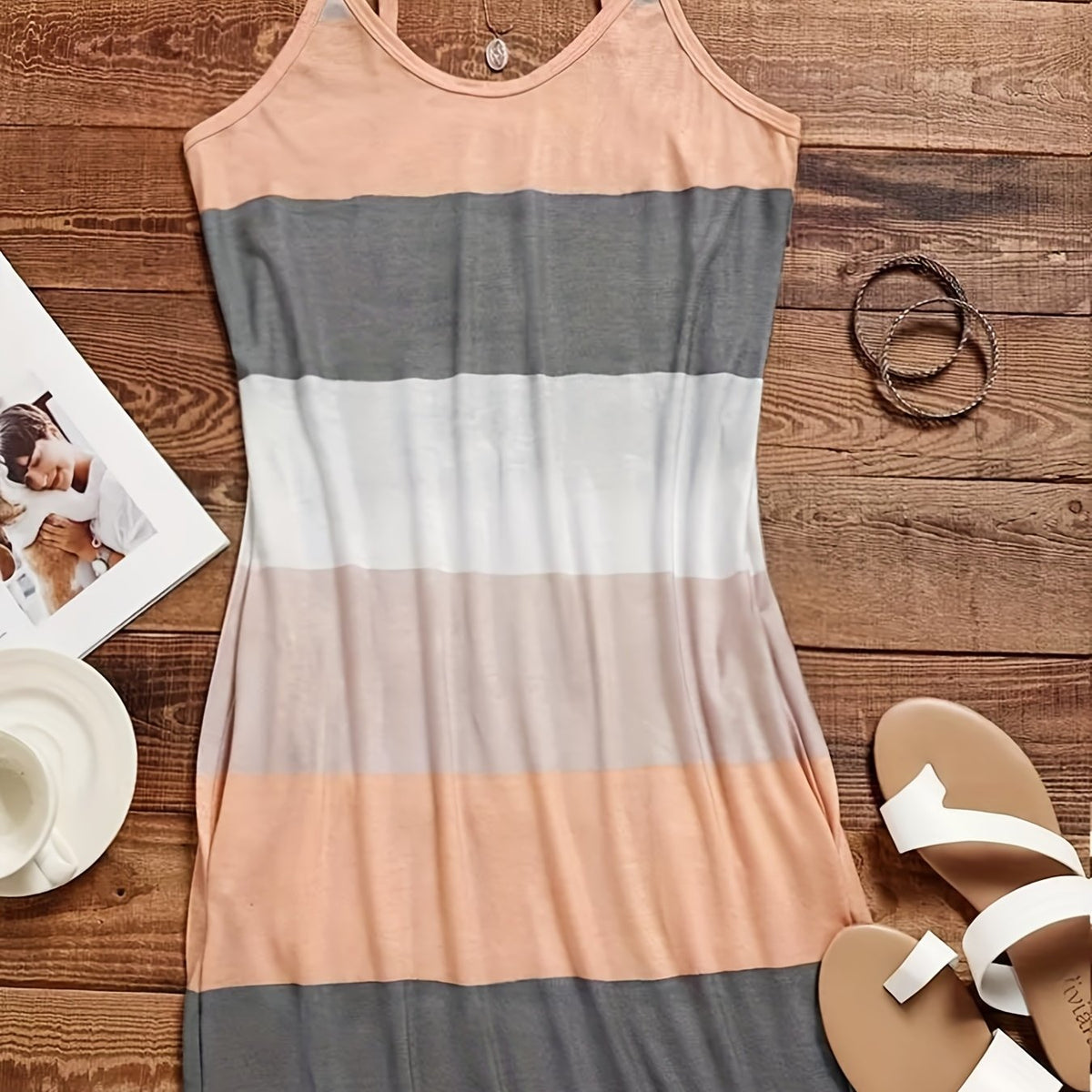  Colorblock Round Neck Cami Dress